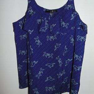 Forever 21 Dove Olive Branch Dressy Sleeveless Tank Blouse Navy Blue Polkadots L